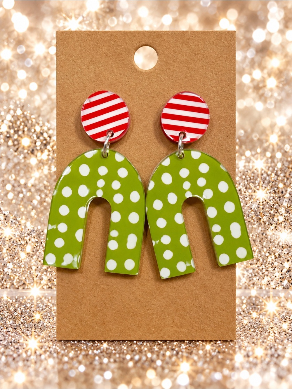 Holiday Green Polka Dot Arch Earrings with Red Stripe Posts